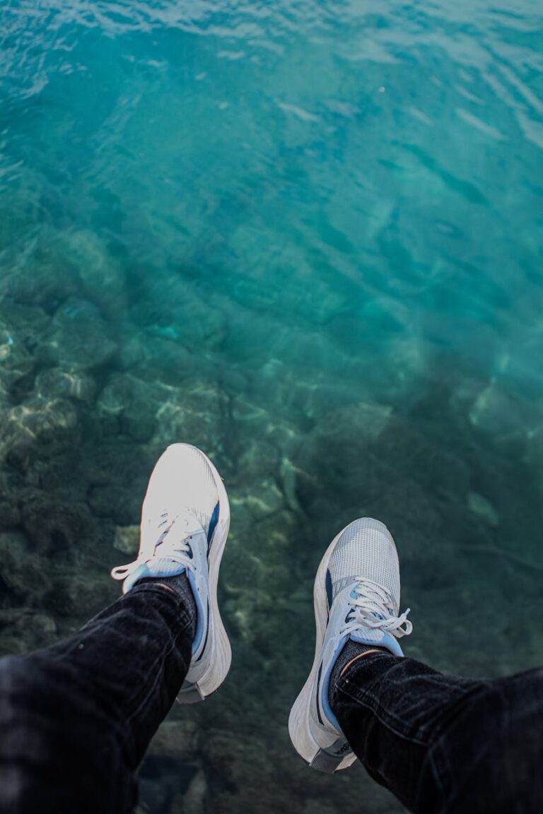 relaxing by the waterside in comfortable sneakers