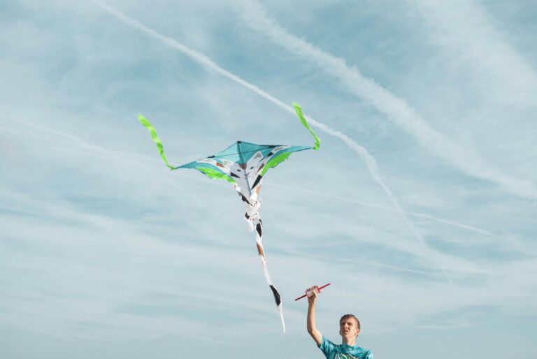 man wearing blue shirt flying kite