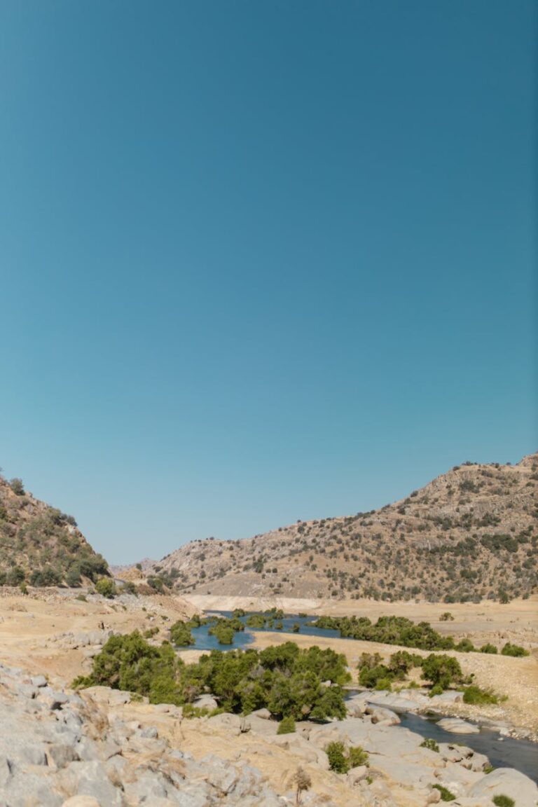 clear sky over stream and hills