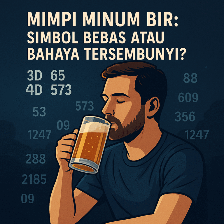 Ilustrasi seseorang minum bir di malam hari dengan suasana tenang dan simbol angka mimpi di sekelilingnya.