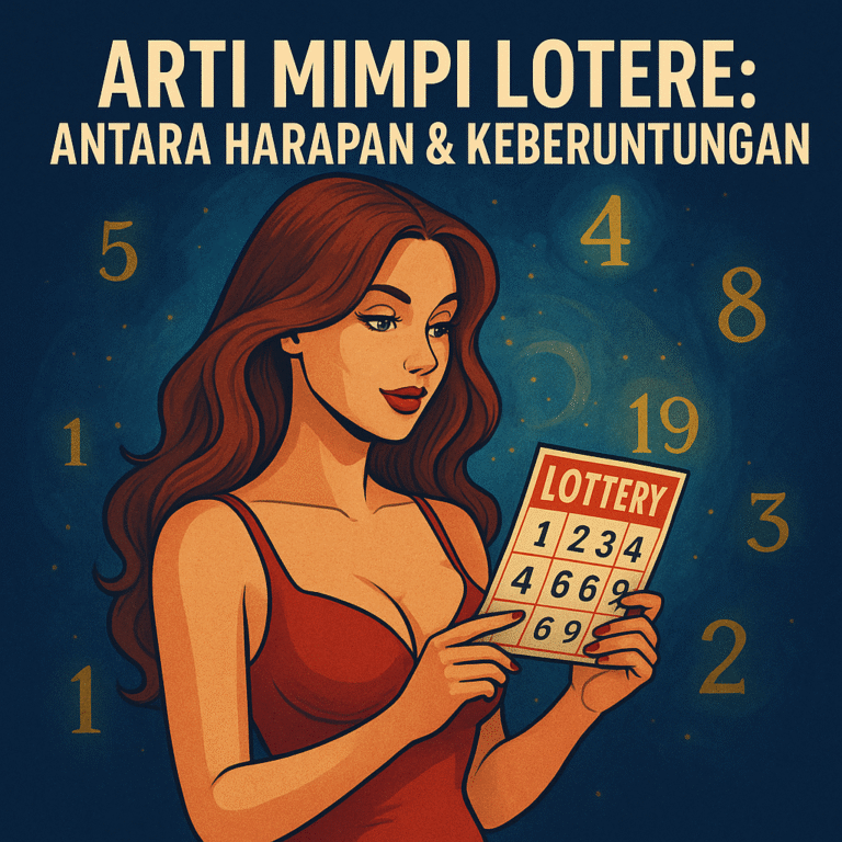 Ilustrasi seseorang memegang tiket lotere dengan latar belakang penuh angka dan mimpi, menggambarkan tafsir mimpi menang lotre.