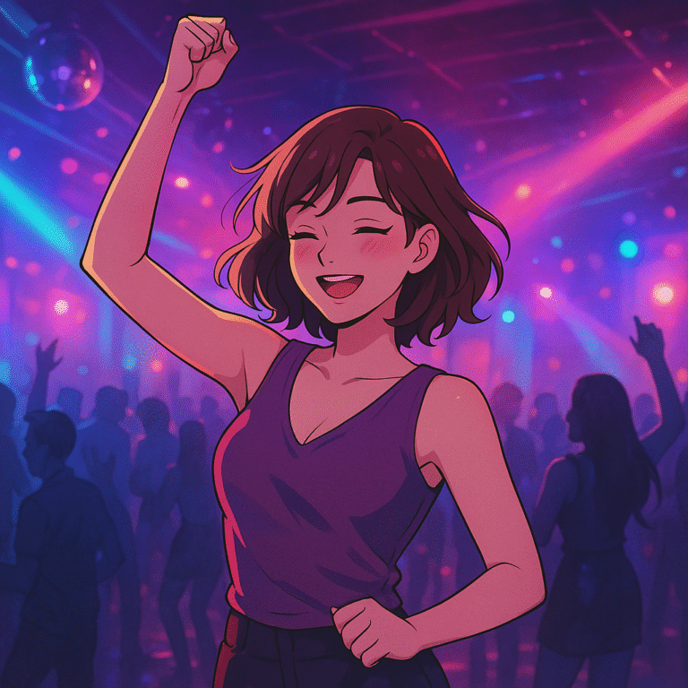 Ilustrasi cewek animasi sedang menari dengan bahagia di dalam diskotik penuh lampu warna-warni dan orang ramai.