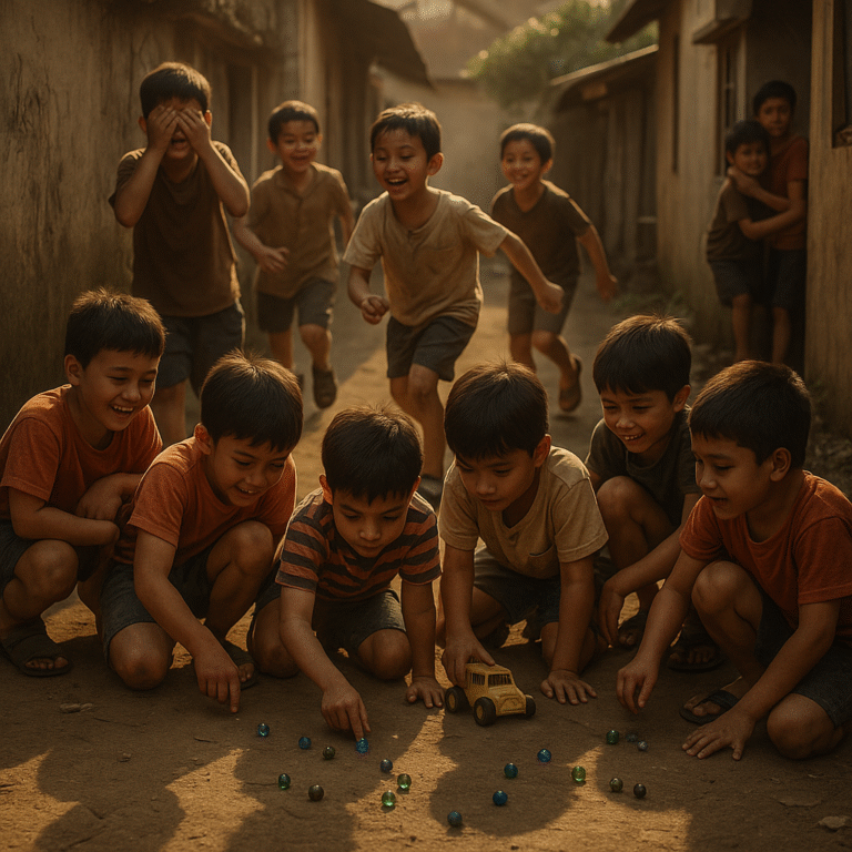 Ilustrasi sinematik bocah ramai bermain, menggambarkan arti mimpi penuh energi, harapan, dan makna tersembunyi dalam dunia bawah sadar.