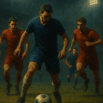 Ilustrasi sinematik mimpi tentang bermain bola di lapangan malam yang dramatis