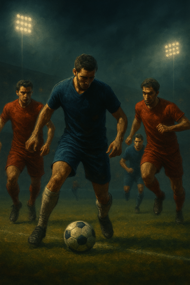 Ilustrasi sinematik mimpi tentang bermain bola di lapangan malam yang dramatis