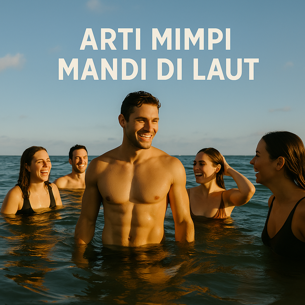 Lima orang dewasa mandi di laut saat senja, tersenyum bahagia di bawah langit biru dengan tulisan "Arti Mimpi Mandi di Laut".