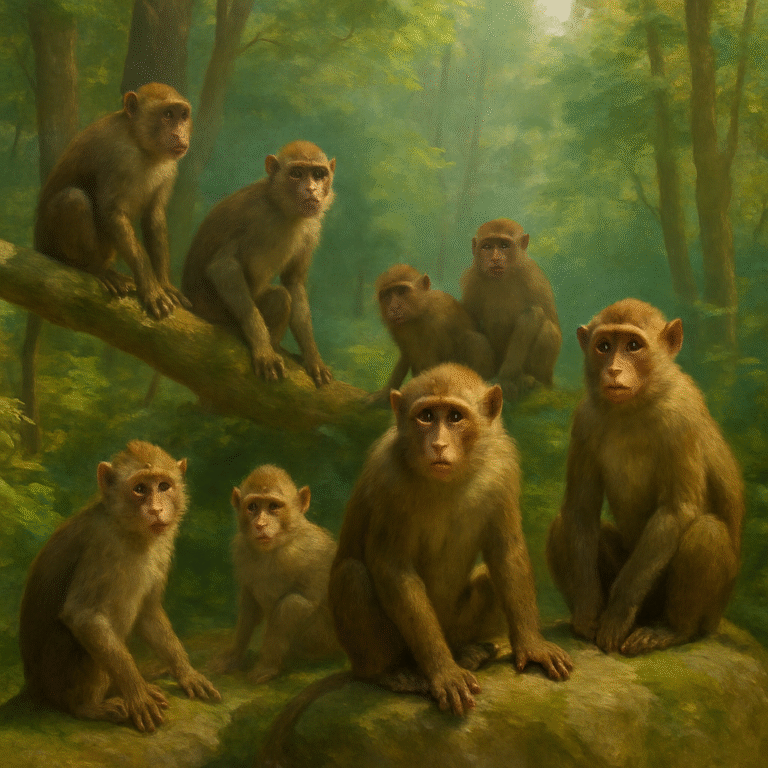 Seekor monyet duduk di pohon pada siang hari dengan latar alam tropis, gambar cinematic dan terdapat tulisan sejutamimpi.com di pojok atas kanan.