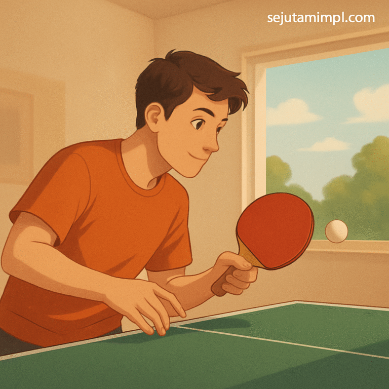Seorang pria muda bermain pingpong di dalam ruangan dengan cahaya matahari siang hari menyinari dari jendela. Terdapat tulisan "sejutamimpi.com" di pojok kanan atas.