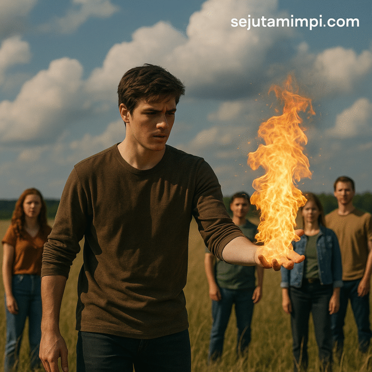 Ilustrasi seseorang bermain api di padang rumput siang hari, nuansa dramatis dan penuh makna simbolis tentang emosi dan risiko kehidupan.