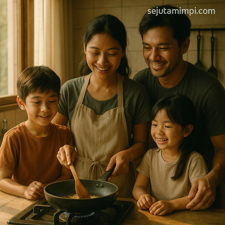 Ilustrasi orang sedang memasak di dapur saat siang hari, menggambarkan tafsir mimpi tentang memasak menurut primbon dan psikologi.