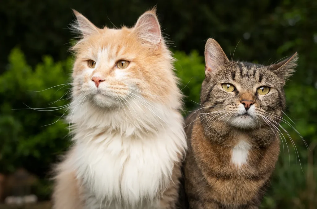 two-different-breeds-of-cats-side-by-side-outdoors-in-the-garden-1024x675 5 Arti Mimpi Tentang Kucing: Simbol Misteri, Keberuntungan, dan Emosi Tersembunyi