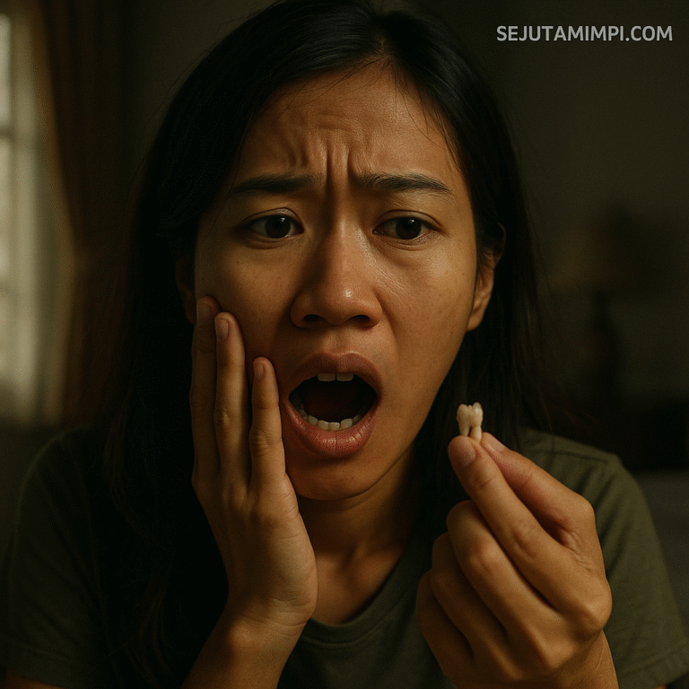 Ilustrasi mimpi gigi copot atas dan bawah sebagai simbol kehilangan dan perubahan hidup