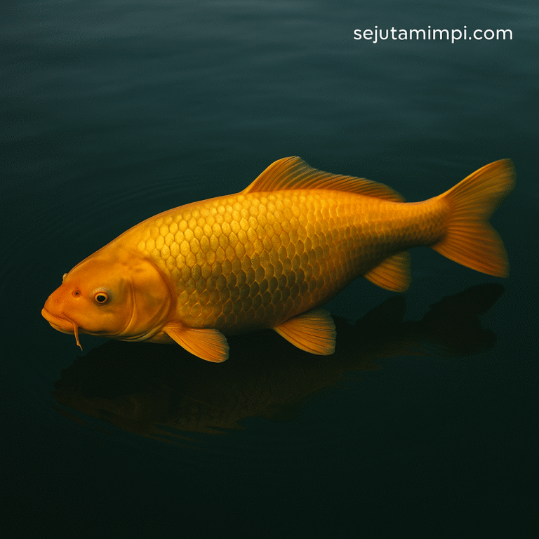 Seekor ikan mas besar berwarna emas berenang di air tenang sebagai simbol mimpi yang membawa rezeki dan keberuntungan.