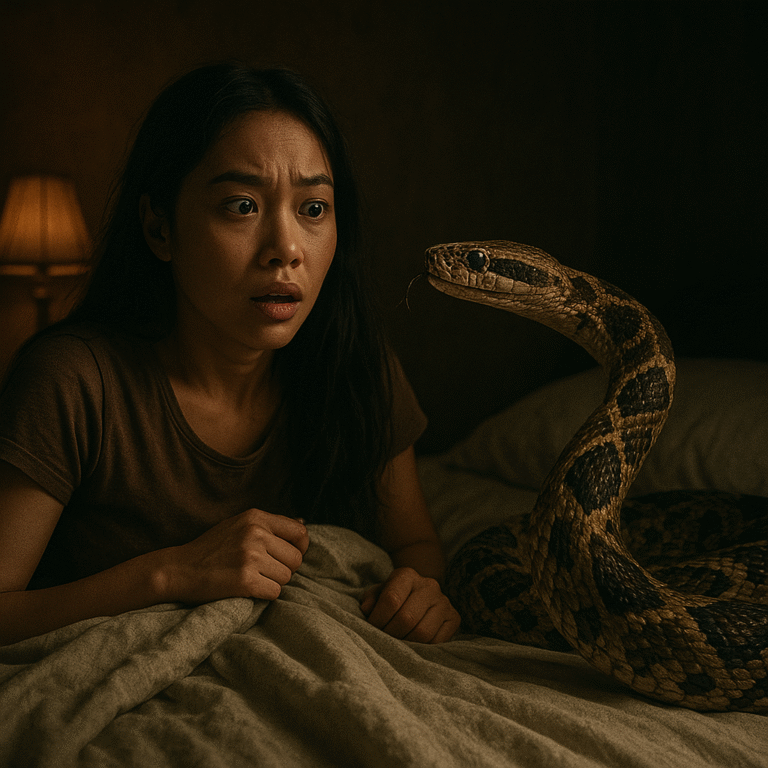 Arti mimpi ular batik Bothrops asper lengkap tafsir primbon psikologi spiritual dan angka erek erek 2D3D4D pertanda rezeki cinta cobaan dan perlindungan.