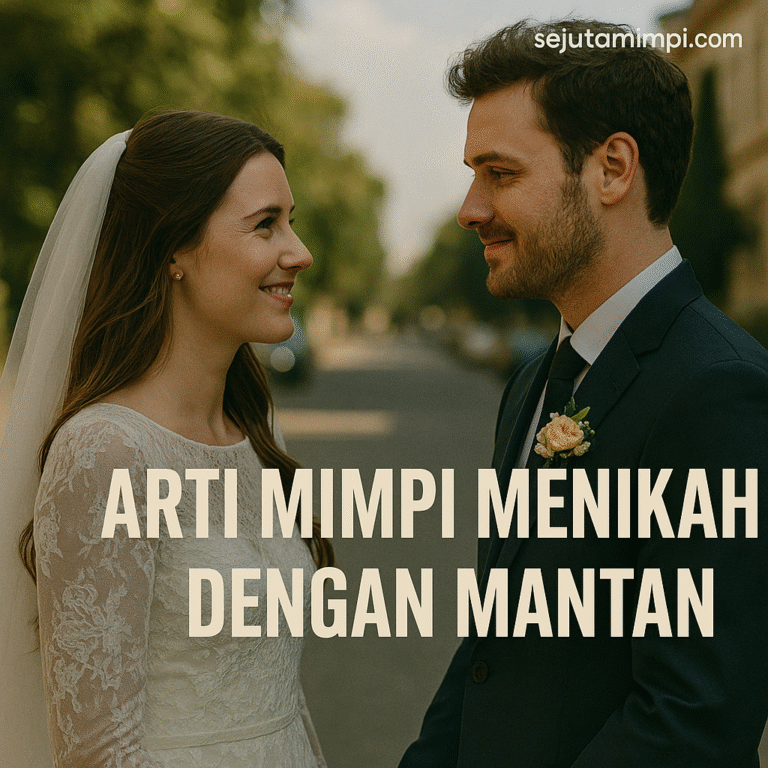 Sepasang pengantin saling menatap bahagia di jalanan kota siang hari dengan teks Arti Mimpi Menikah dengan Mantan.