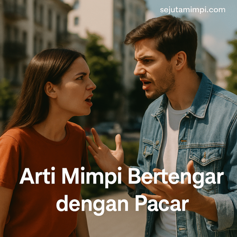 Ilustrasi pasangan bertengkar dalam mimpi dengan latar penuh emosi, simbol konflik batin dan pesan bawah sadar.