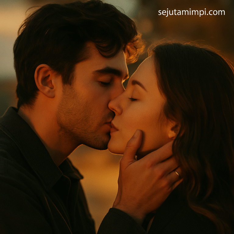Ilustrasi pasangan berciuman penuh cinta sebagai simbol mimpi dan makna psikologisnya.