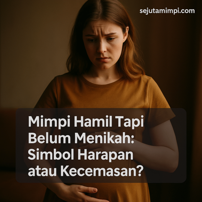 Ilustrasi perempuan muda memegang perut hamil dengan ekspresi bingung, simbol mimpi dan makna emosional.