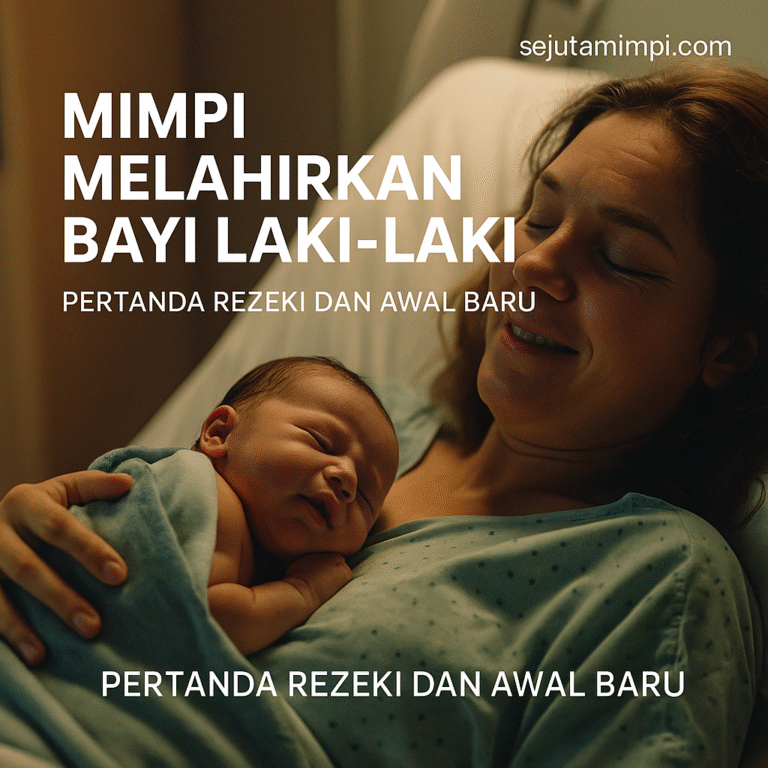Ilustrasi perempuan melahirkan bayi laki-laki sebagai simbol rezeki dan awal kehidupan baru menurut tafsir mimpi.