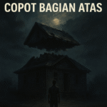 Ilustrasi mimpi bagian atas rumah copot dengan latar suasana gelap dan penuh makna spiritual.