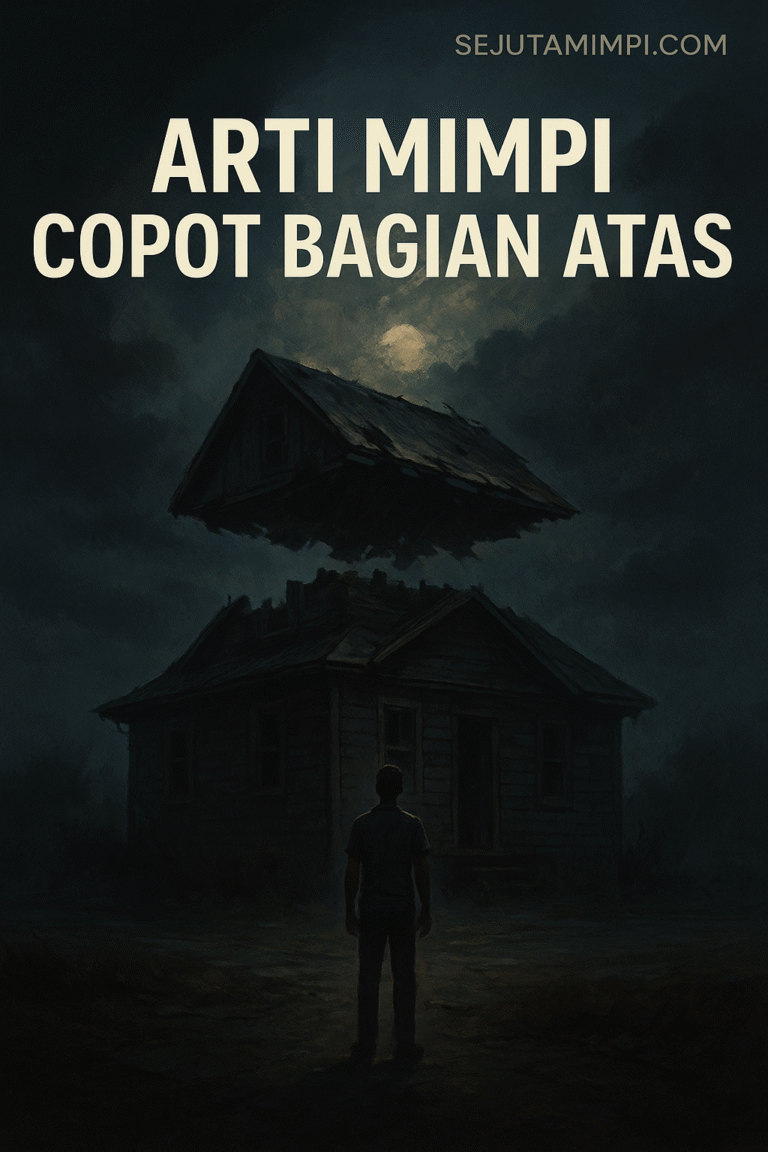 Ilustrasi mimpi bagian atas rumah copot dengan latar suasana gelap dan penuh makna spiritual.