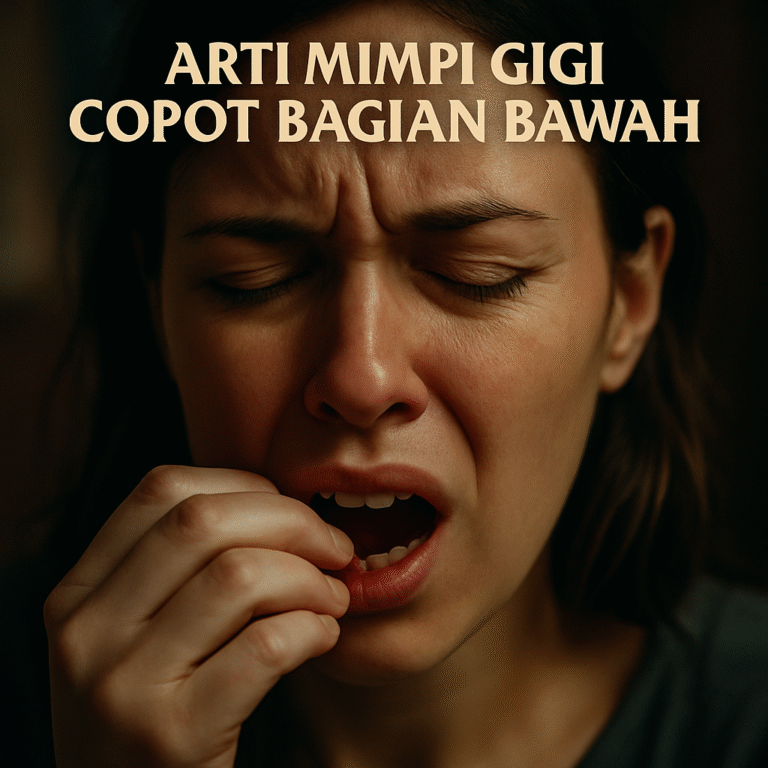Ilustrasi visual Arti Mimpi Gigi Copot Bagian Bawah yang melambangkan kehilangan, perubahan hidup, dan simbol emosional yang penuh makna dalam tafsir mimpi.