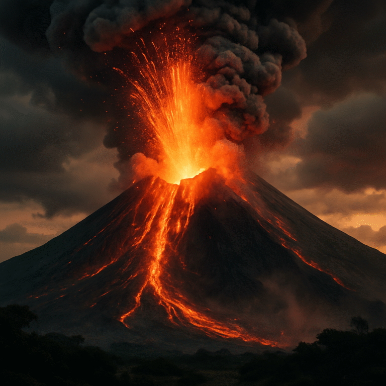 Ilustrasi mimpi gunung meletus penuh simbol tekanan batin, emosi memuncak, dan perubahan besar yang membawa pesan spiritual dan psikologis.