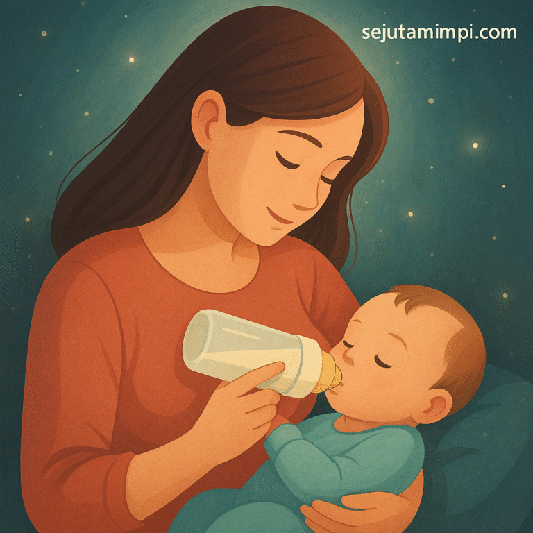 Ilustrasi perempuan sedang menyusui bayi, menggambarkan tafsir mimpi dan simbol kehidupan baru.