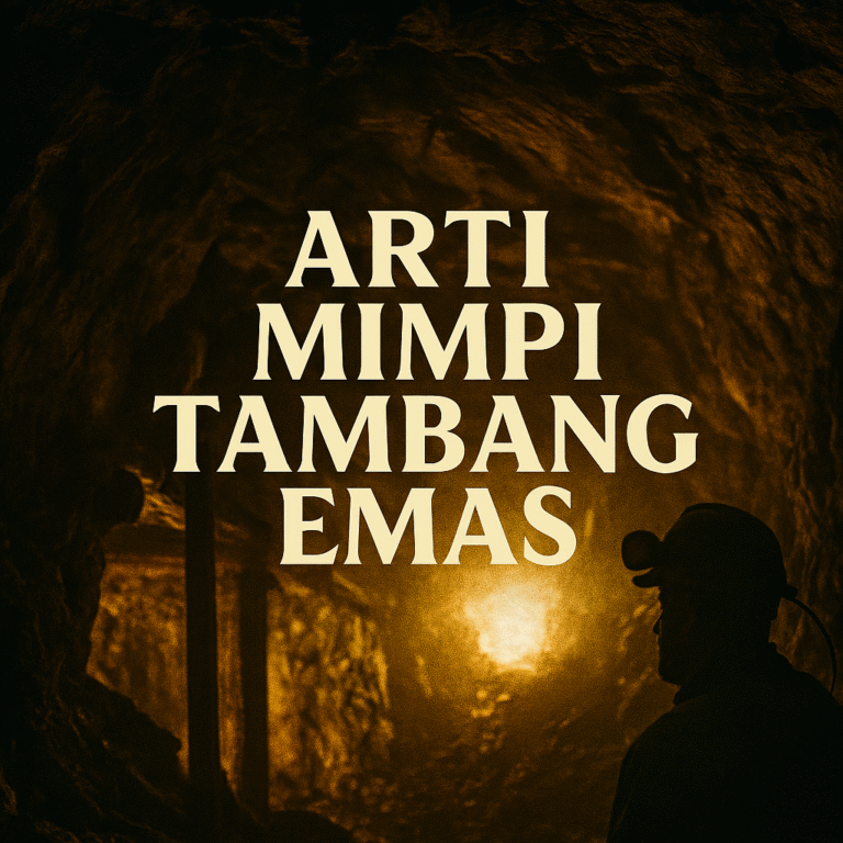 Gambar tambang emas bercahaya dengan teks Arti Mimpi Tambang Emas dalam gaya cinematic