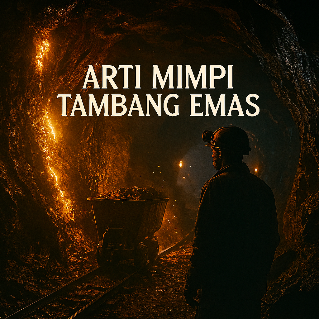 Gambar tambang emas bercahaya dengan teks Arti Mimpi Tambang Emas dalam gaya cinematic