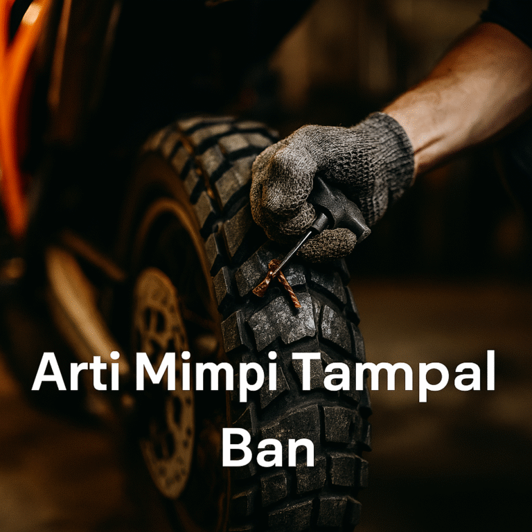 Gambar mimpi tampal ban dengan suasana bengkel malam, simbol perbaikan dan arah hidup baru