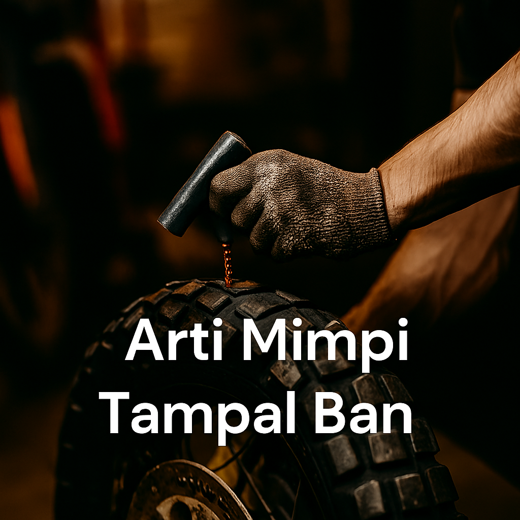 Gambar mimpi tampal ban dengan suasana bengkel malam, simbol perbaikan dan arah hidup baru
