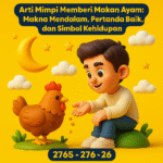 Gambar menunjukkan aktivitas memberi makan ayam sebagai simbol rezeki dan ketenangan.